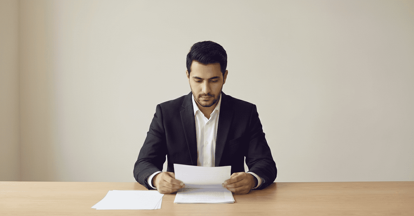  An Arab legal professional reviewing international commercial arbitration documents in a modern office environment. 